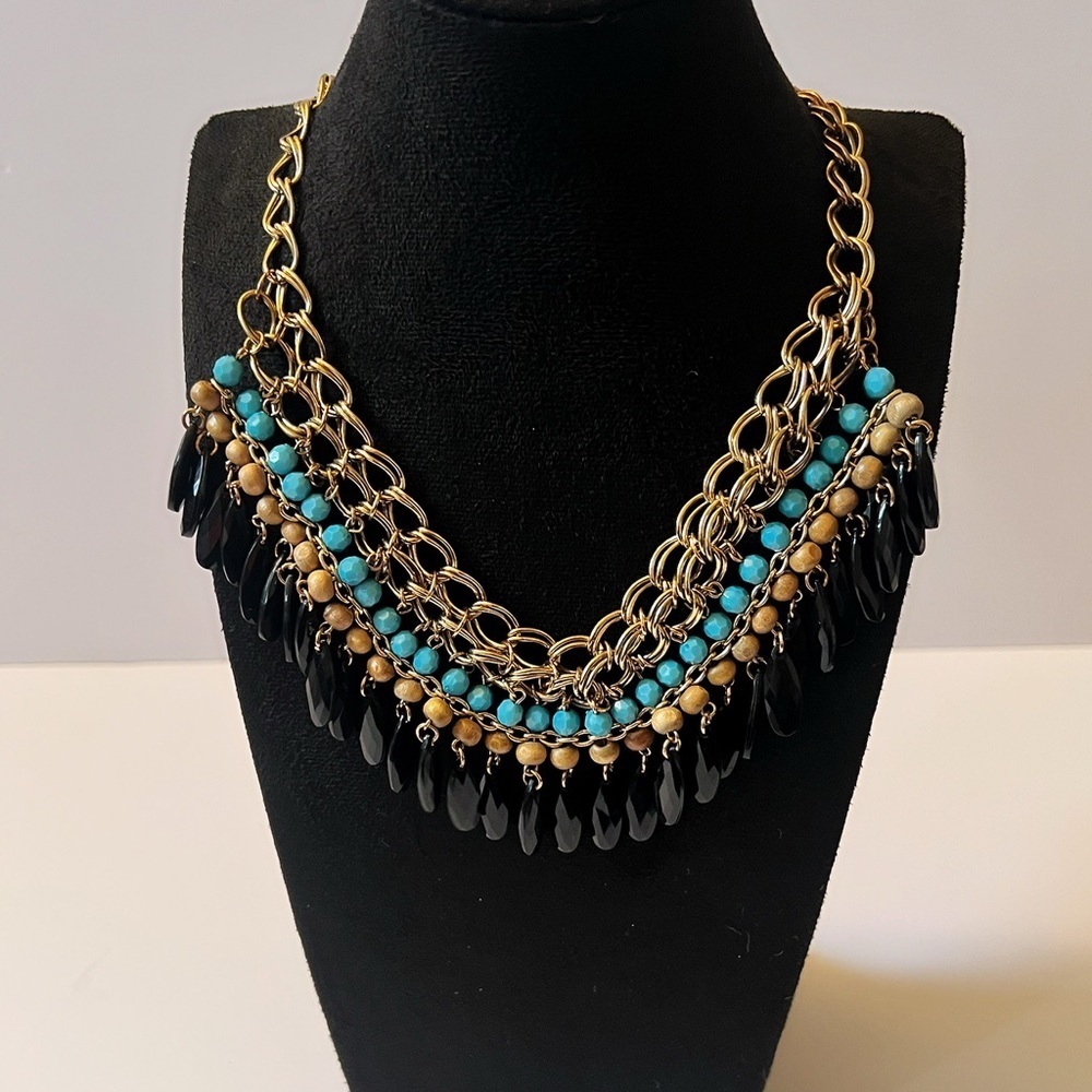 Statement Bib Necklace Gold Tone Turquoise Black And Wooden Beads Dangle Boho